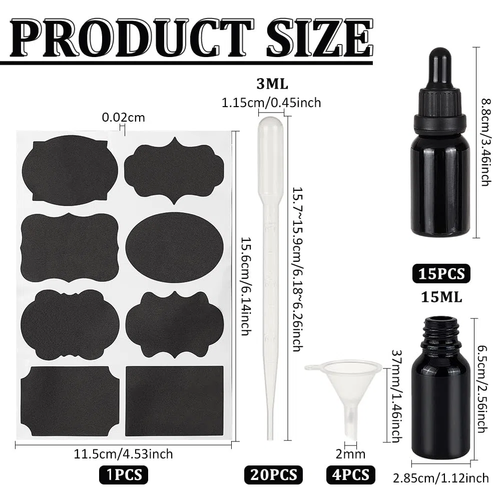 BENECREAT 15 Pack 15ml Flacone in Vetro Nero con Pipette Contagocce Flacone di Olio Essenziale Riutilizzabile con Etichette, Tramogge e Contagocce per il Trucco dei Cosmetici di Aromaterapia