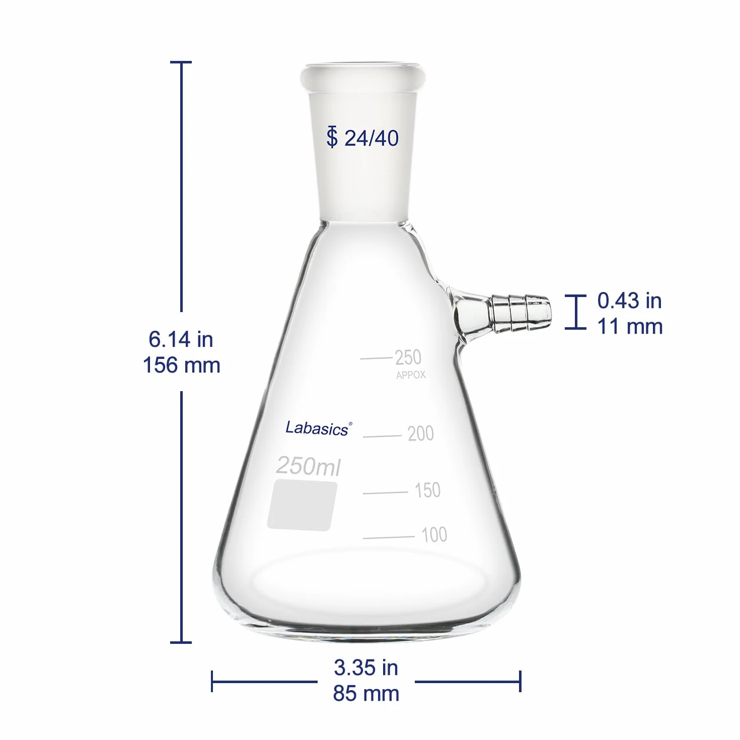 Labasics 250 ml Pallone di Filtraggio con Giunto Conico Standard 24/40, Pallone di Filtraggio in Vetro Borosilicato Resistente, Collo con Bullone con Tubazione, Interfaccia Tubo da 9 mm