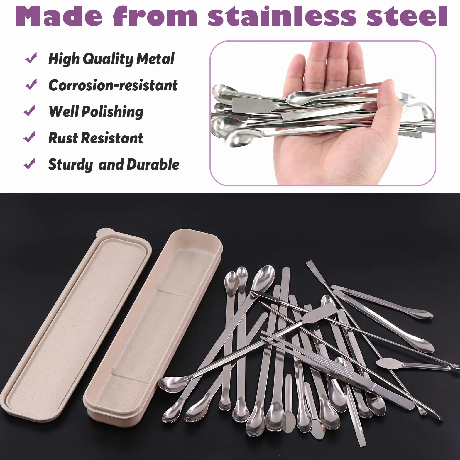 Swpeet Kit assortimento di spatole da laboratorio micro in acciaio inox, 23 pezzi per cucchiaio da laboratorio per riempimento pillole Strumento per manomissione micro spatola cucchiaio in acciaio