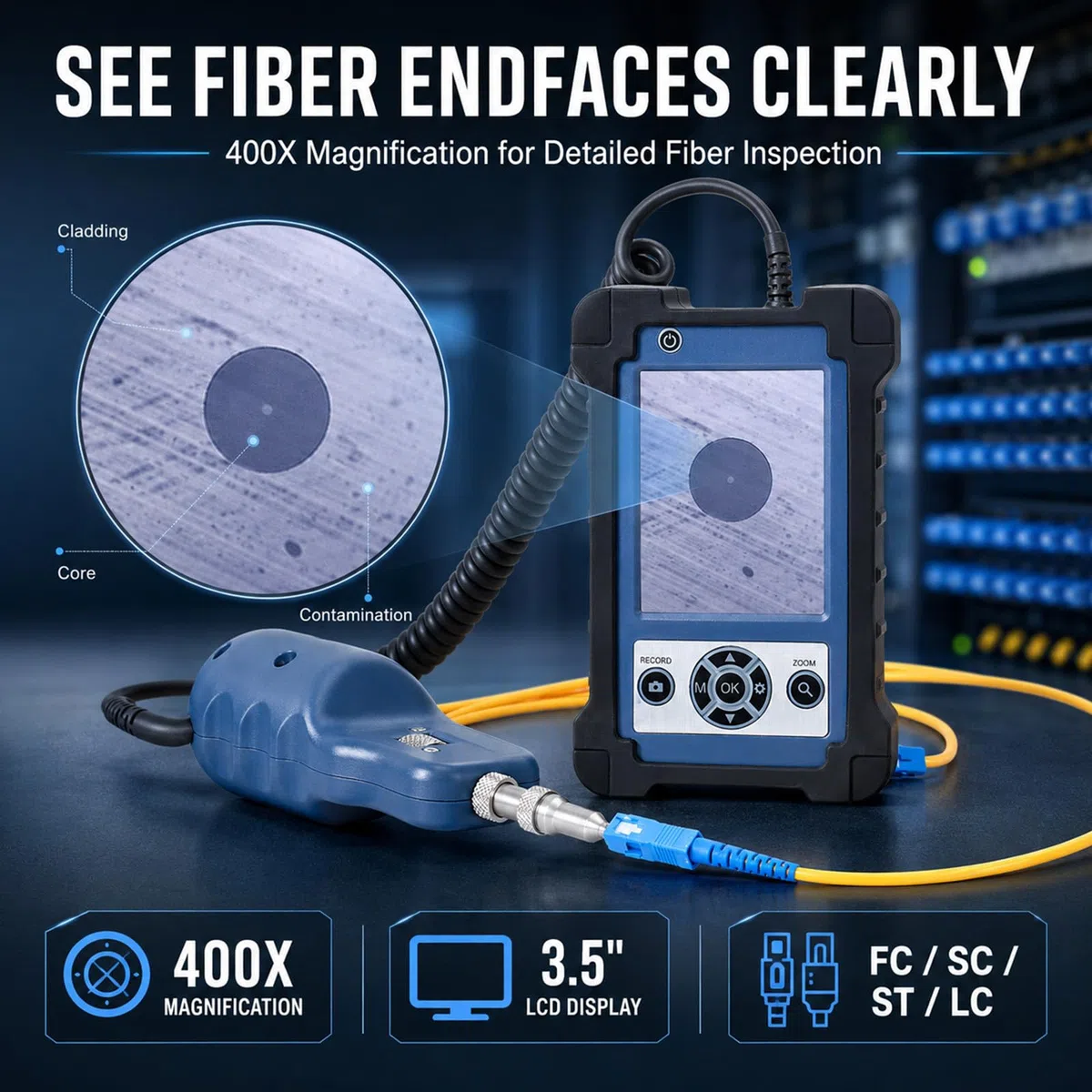 Microscopio per Fibra Ottica 400X con LCD e 6 puntali Inclusi