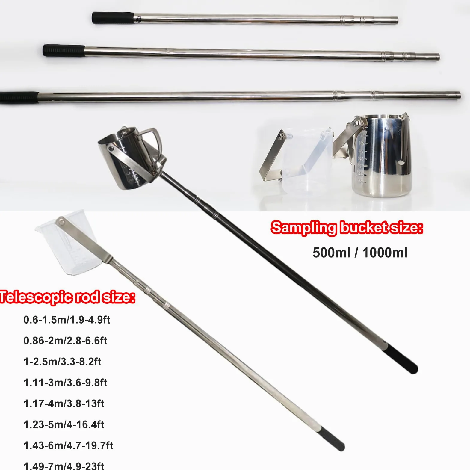 Mestolo telescopico per campionamento dell'Acqua, Asta di campionamento dell'Acqua in Acciaio Inossidabile, 500/1000ml mestolo per campionamento a Pendolo (Plastic 500ml, 1.43-6m/4.7-19.7ft)
