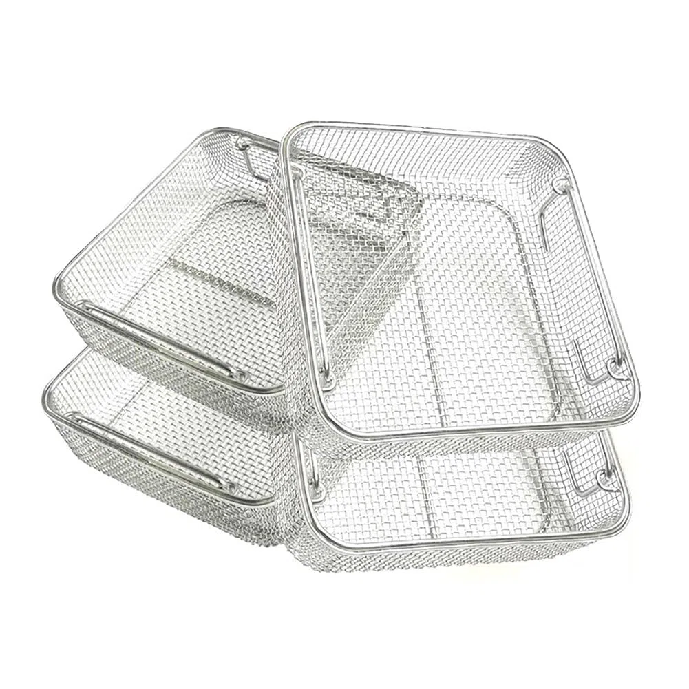 Vassoio per sterilizzazione per Strumenti da 4 Pezzi, cestelli Perforati in Rete in Acciaio Inossidabile 304 da 4 mm, con Maniglia Retrattile, per Laboratorio ospedaliero, 25 cm*20 cm*7 cm