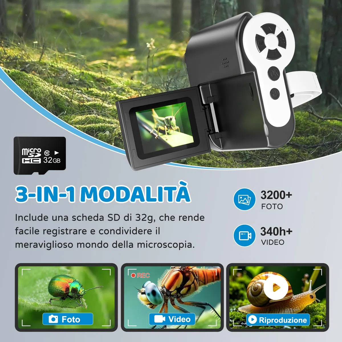 USCAMEL Microscopio Digitale Portatile per Bambini: 1000x ingrandimento, schermo HD da 2 pollici, connessione USB, Attrezzo educativo microscopio portatile per bambini età 7-12 anni (Nero)