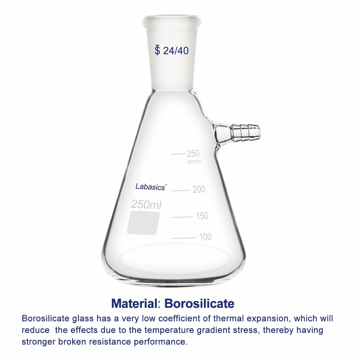Labasics 250 ml Pallone di Filtraggio con Giunto Conico Standard 24/40, Pallone di Filtraggio in Vetro Borosilicato Resistente, Collo con Bullone con Tubazione, Interfaccia Tubo da 9 mm