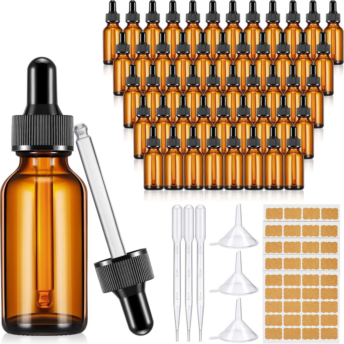 Lallisa Confezione da 100 flaconi contagocce in vetro per oli essenziali, con dispenser contagocce, con 5 imbuti, 5 pipette da 3 ml, 100 etichette per oli essenziali e profumi (ambra, 30 ml, 1 oz)