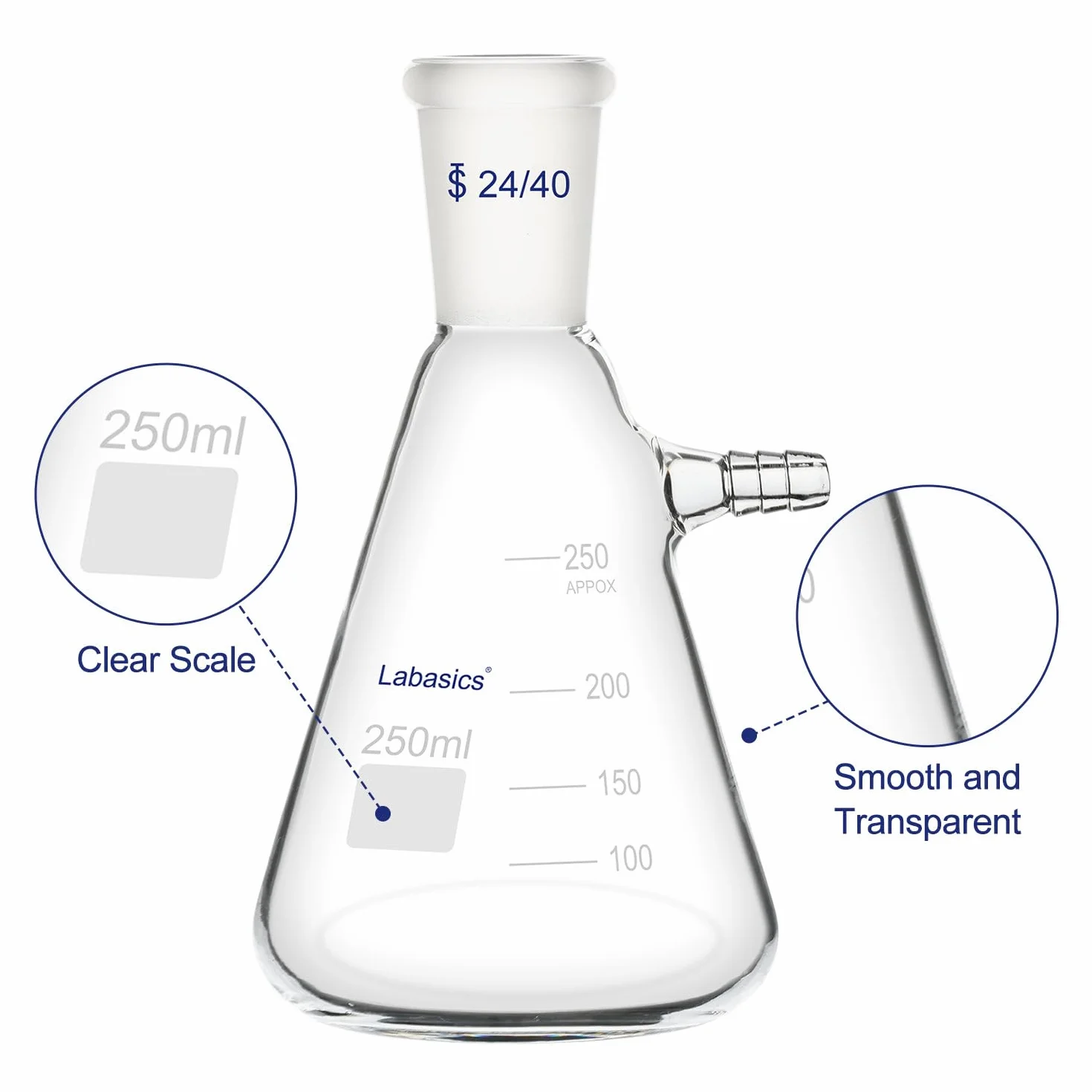 Labasics 250 ml Pallone di Filtraggio con Giunto Conico Standard 24/40, Pallone di Filtraggio in Vetro Borosilicato Resistente, Collo con Bullone con Tubazione, Interfaccia Tubo da 9 mm