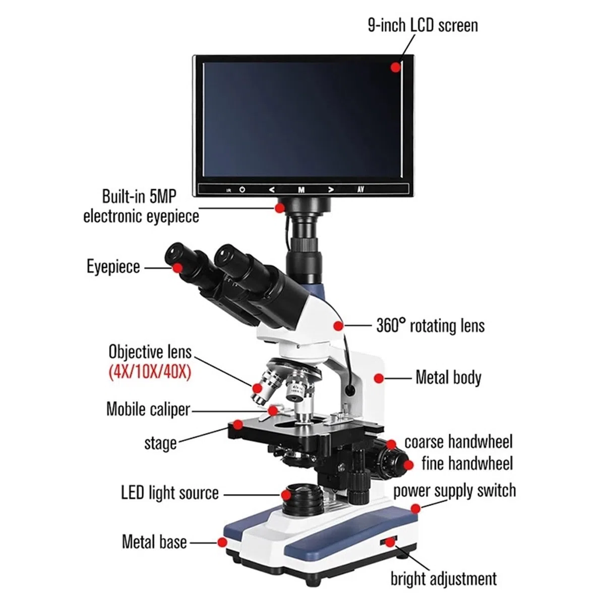 Microscopi, Microscopio da laboratorio biologico professionale trinoculare digitale HD da 5 MP con USB LED + oculare elettronico + LCD da 9 pollici