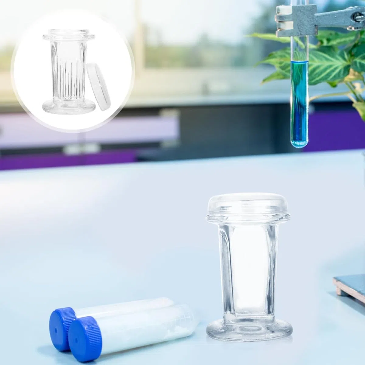Vasca per colorazione in vetro con coperchio rotondo, capacità 5 vetrini per laboratori, barattolo per colorazione in vetro bianco alto
