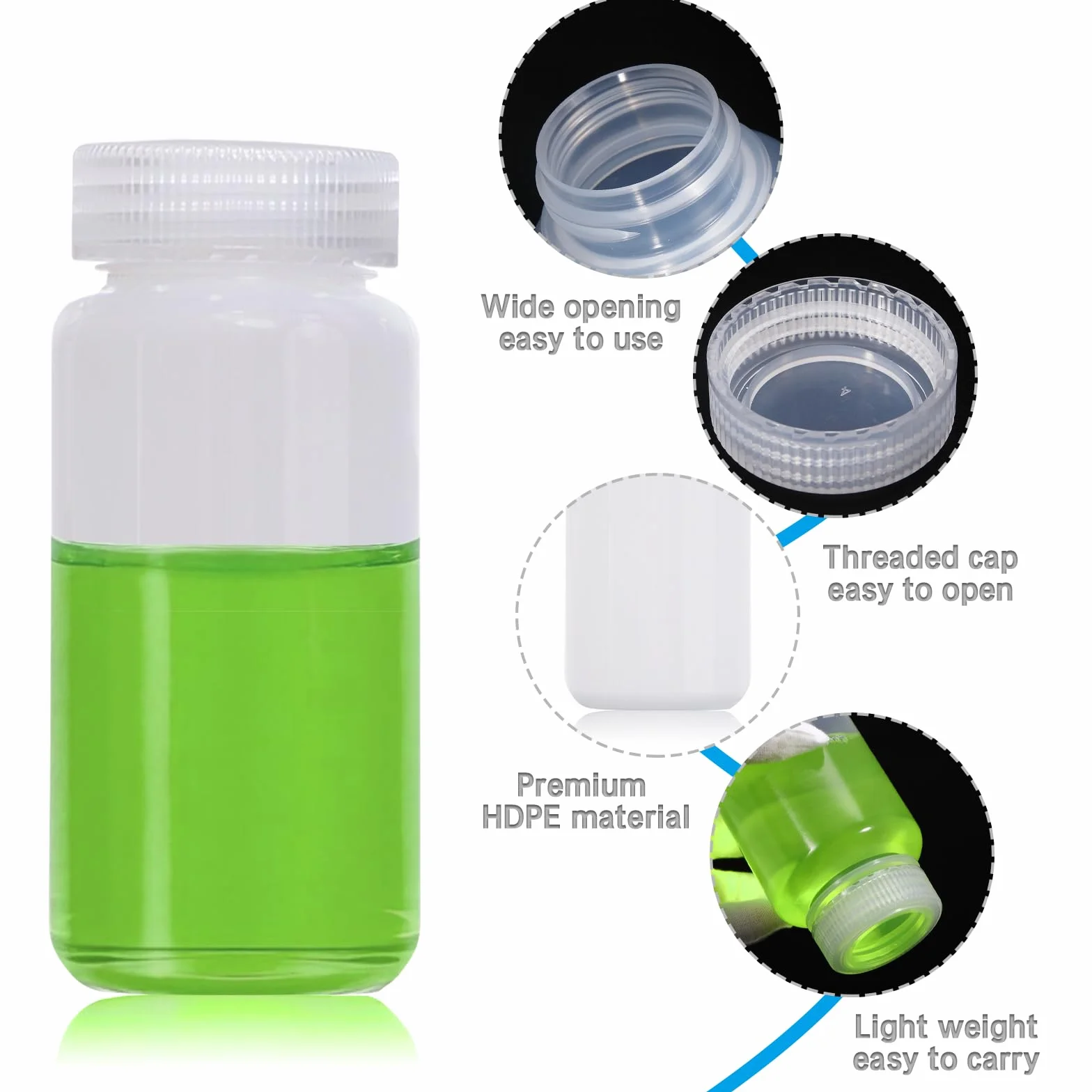 DKBT 2 flaconi di plastica a collo largo, 500 ml, vuoti da laboratorio, a prova di perdite, traslucidi, in HDPE con ampia apertura per pillole, bottiglie di campioni d'acqua