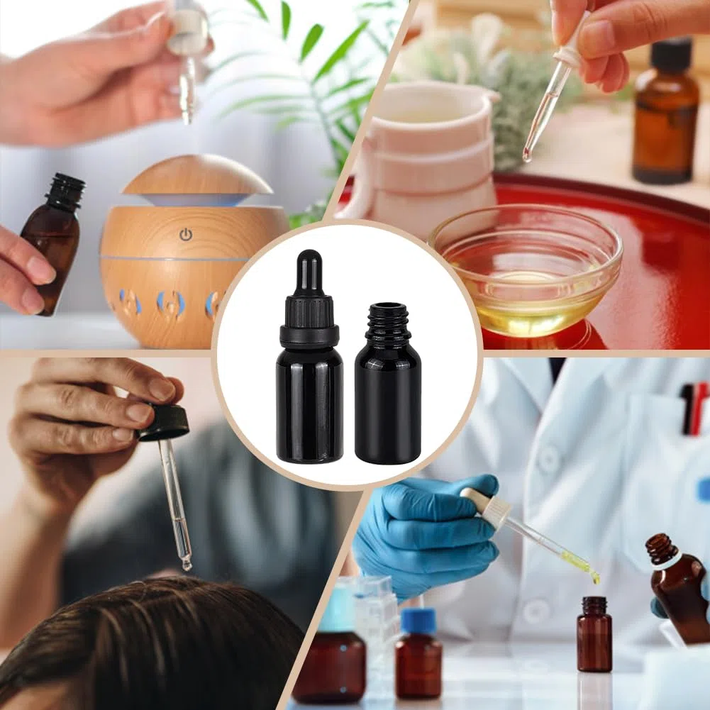 BENECREAT 15 Pack 15ml Flacone in Vetro Nero con Pipette Contagocce Flacone di Olio Essenziale Riutilizzabile con Etichette, Tramogge e Contagocce per il Trucco dei Cosmetici di Aromaterapia