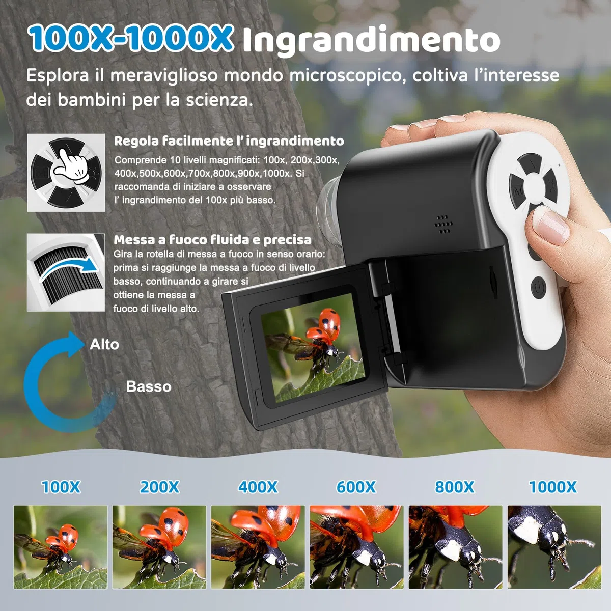 USCAMEL Microscopio Digitale Portatile per Bambini: 1000x ingrandimento, schermo HD da 2 pollici, connessione USB, Attrezzo educativo microscopio portatile per bambini età 7-12 anni (Nero)