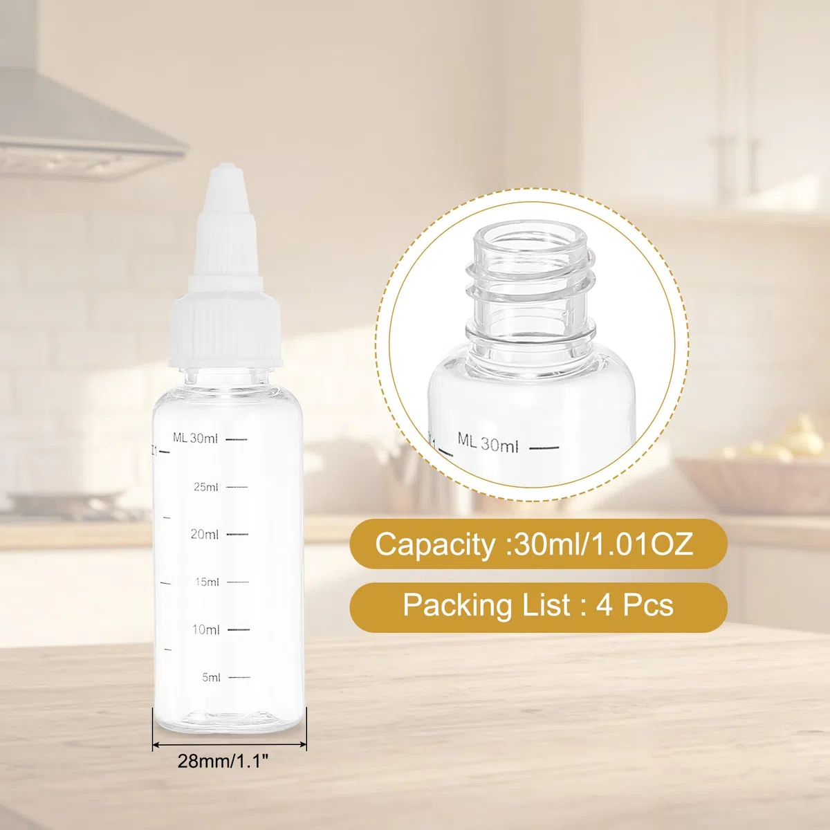 PATIKIL 30 Ml/1 oz Bottiglie di Plastica a Spremere con Cappuccio a Vite Bianco, 4 Pz Bottiglia di Erogazione Rotonda Graduata Vuota Bottiglia Puntuta per Artigianato, Oli,Trasparente