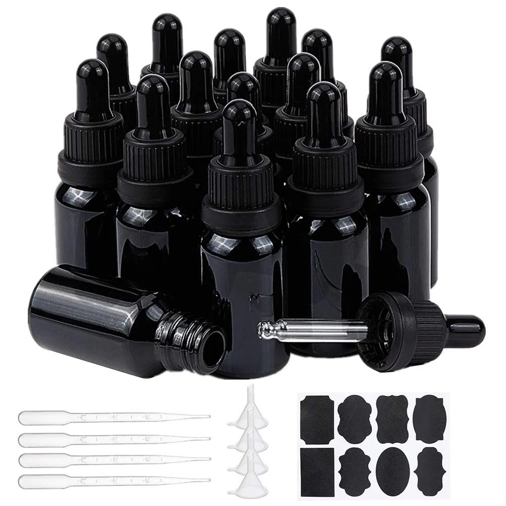 BENECREAT 15 Pack 15ml Flacone in Vetro Nero con Pipette Contagocce Flacone di Olio Essenziale Riutilizzabile con Etichette, Tramogge e Contagocce per il Trucco dei Cosmetici di Aromaterapia