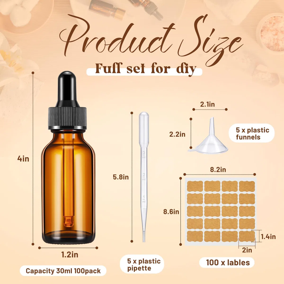 Lallisa Confezione da 100 flaconi contagocce in vetro per oli essenziali, con dispenser contagocce, con 5 imbuti, 5 pipette da 3 ml, 100 etichette per oli essenziali e profumi (ambra, 30 ml, 1 oz)