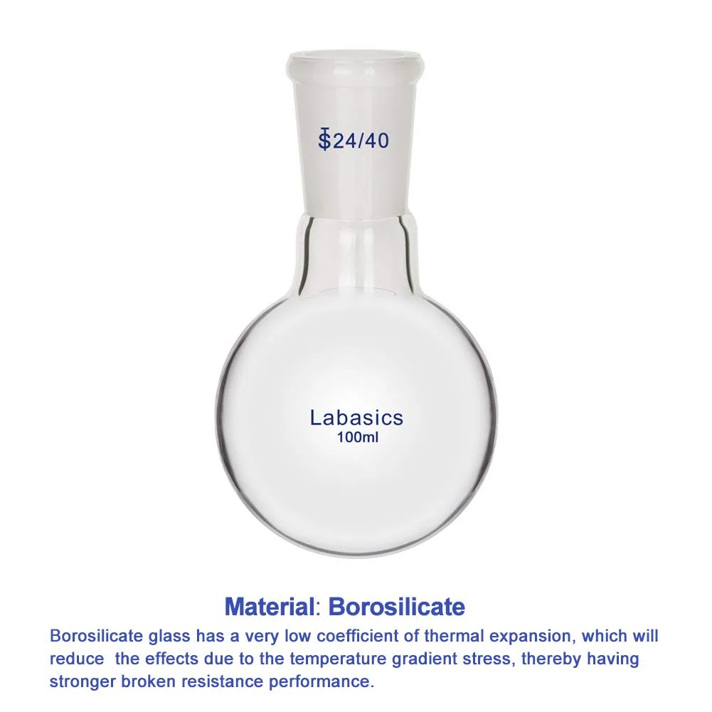 Labasics 100ml RBF Pallone Vetro Laboratorio a Collo Singolo, Single Neck Round Bottom Flask con Giunto Esterno Conico Standard 24/40-100ml