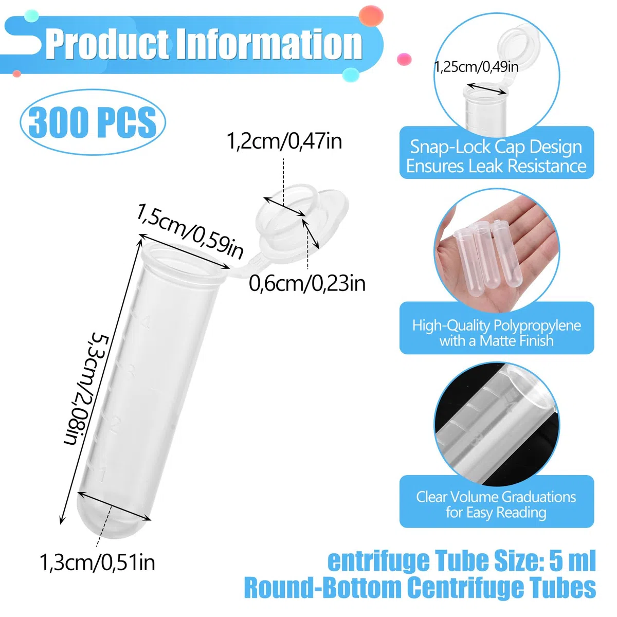 SHUESS 300 provette centrifughe in plastica da 5 ml, provette trasparenti in polipropilene, recipienti di reazione con coperchio, scala e fondo rotondo, provette per laboratorio, chimica e ricerca