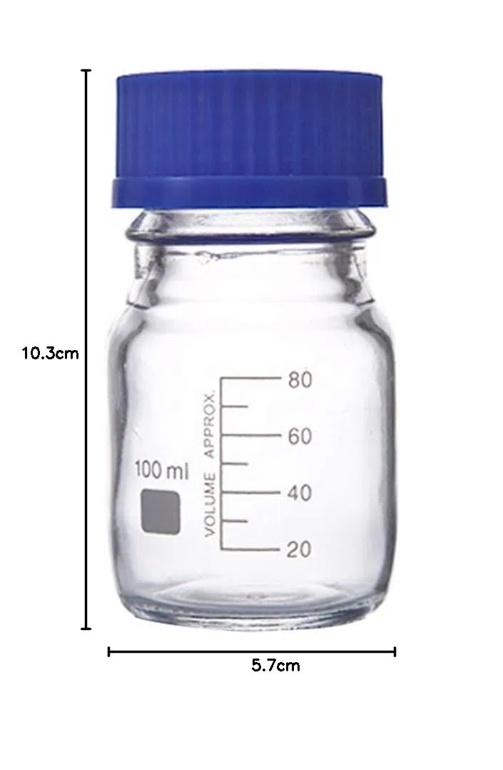 Upstore, flacone graduato in vetro spesso da 100 ml/3,4 fl oz, vuoto, con tappo a vite blu, per agenti chimici da laboratorio, contenitori per liquidi, barattolo, vasetto