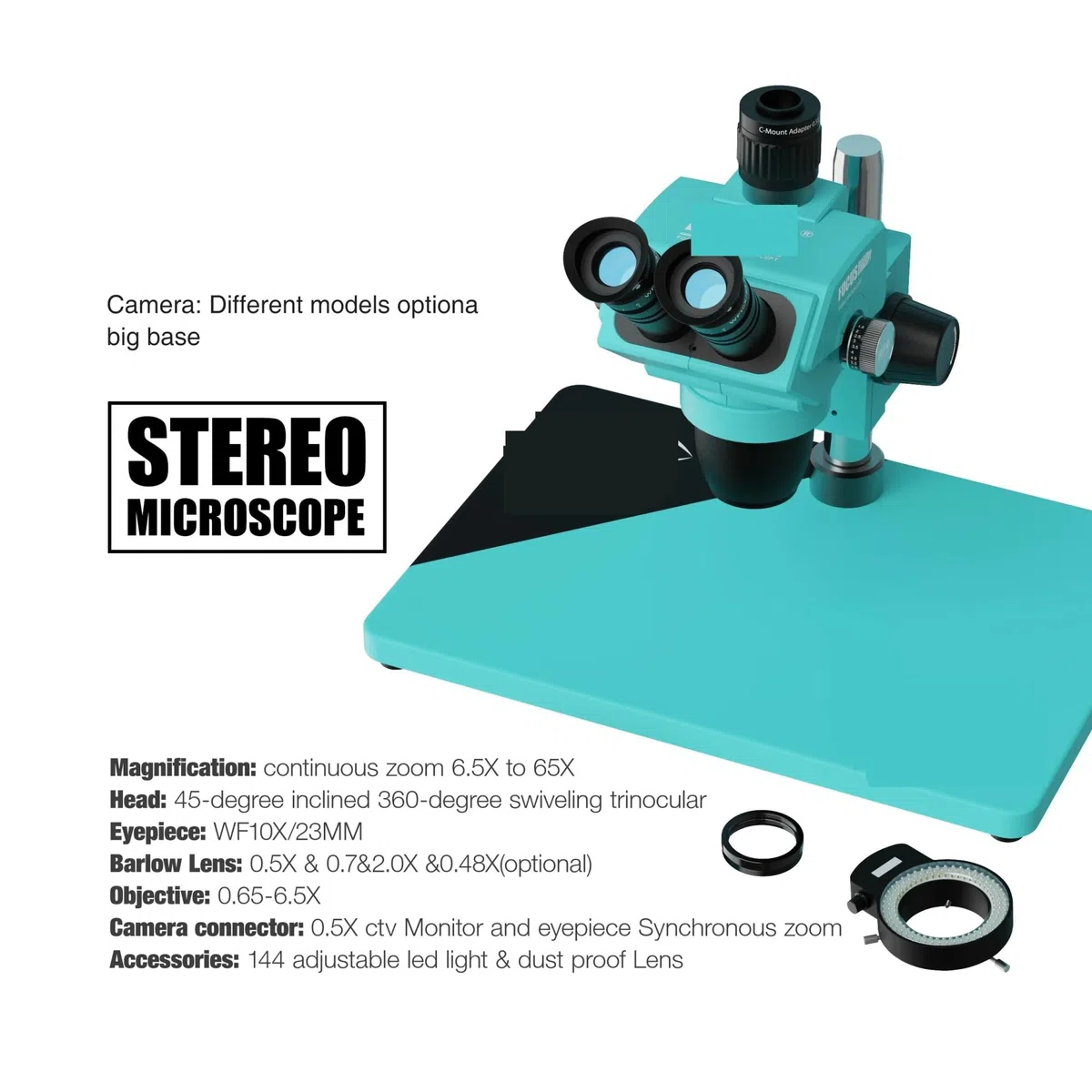 Microscopio, Microscopio stereo trinoculare HD, zoom a nove velocità, tasto di blocco, oculare regolabile, struttura antipolvere multistrato.