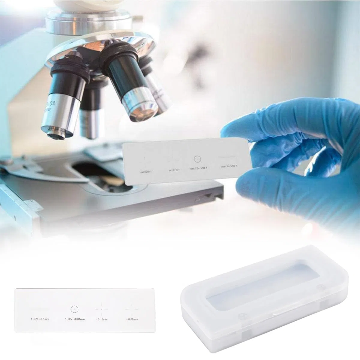 Ausi Vetrino per microscopio di calibrazione da 0,01 mm – Piastra micrometrica con reticolo in vetro ottico e punti di calibrazione per test di precisione di microscopi e fotocamere