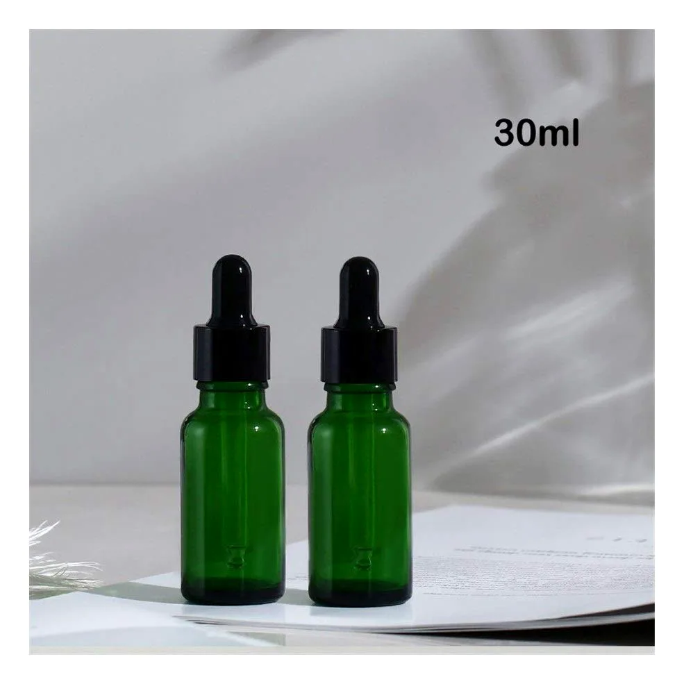 Home Ricambio vuoto ANIMALE DOMESTICO Bottiglie 30pcs 5ml-100ml bottiglie vuote vetro ambrato con contagocce verde goccia olio essenziale aromaterapia liquido reagente Pipetta bottiglia riutilizzabile