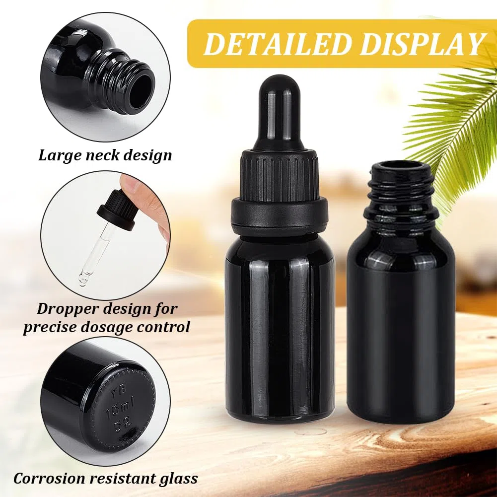 BENECREAT 15 Pack 15ml Flacone in Vetro Nero con Pipette Contagocce Flacone di Olio Essenziale Riutilizzabile con Etichette, Tramogge e Contagocce per il Trucco dei Cosmetici di Aromaterapia