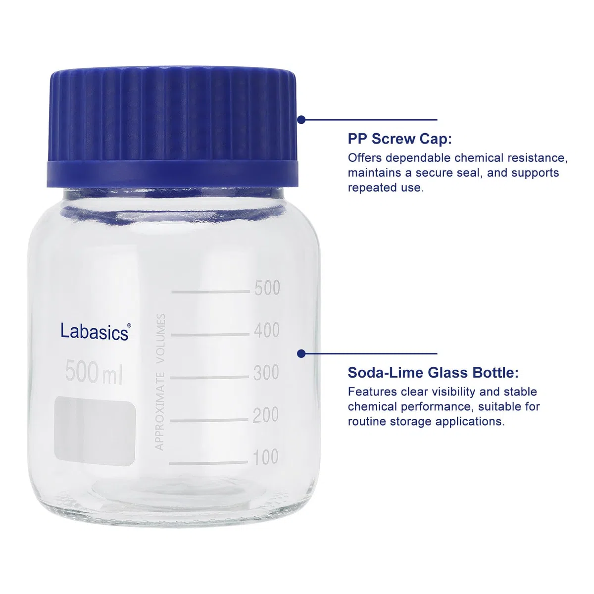 Labasics Bottiglia di Conservazione Rotonda con Tappo A Vite Gl80, Bottiglia Reagente in Vetro di Alta Qualità A Bocca Larga, per Conservazione di Campioni di Laboratorio, 500 ml