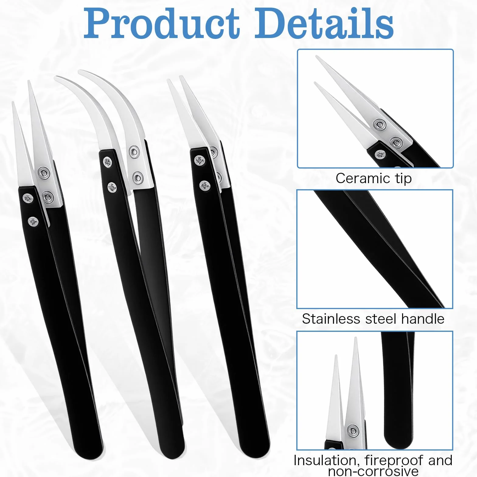 Set di 3 pinzette di precisione inversa in ceramica, non conduttive, resistenti al calore, anti magnetiche, per saldatura elettronica, punte curve appuntite per pizzicare bobine, gioielli, riparazione