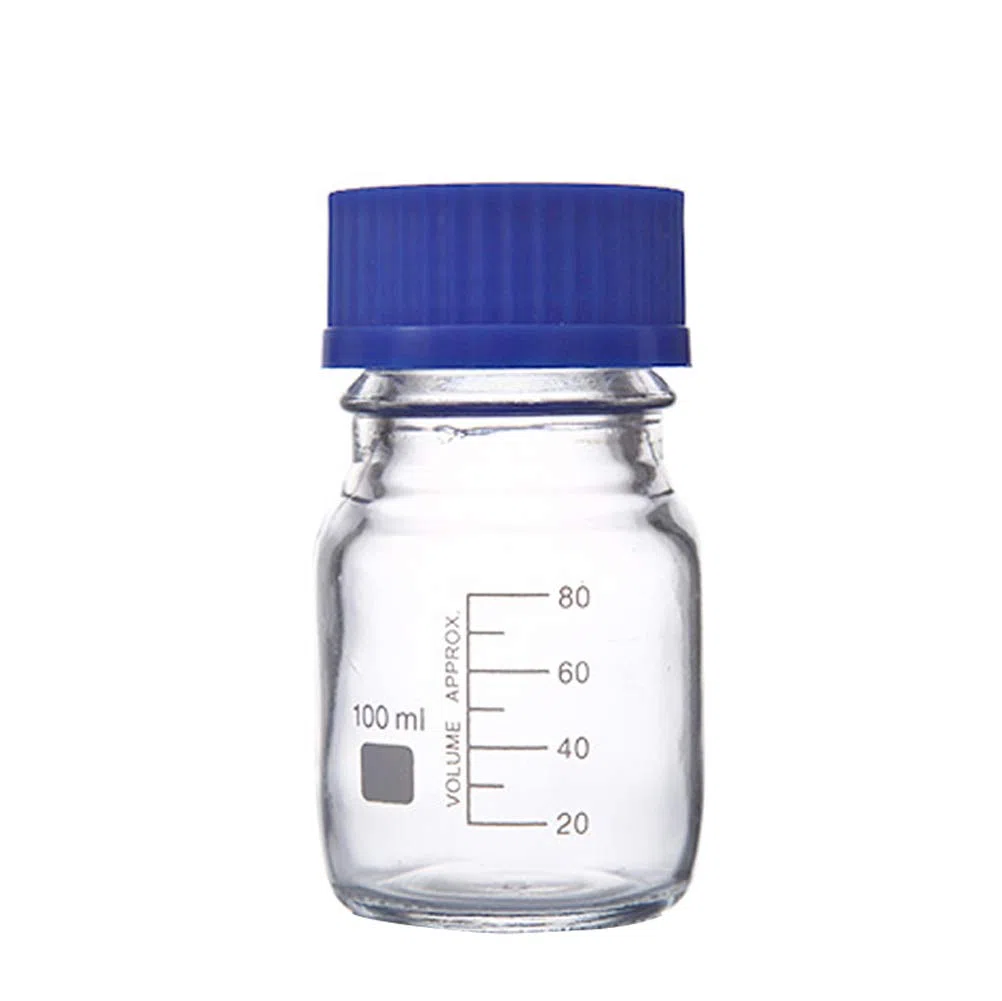 Upstore, flacone graduato in vetro spesso da 100 ml/3,4 fl oz, vuoto, con tappo a vite blu, per agenti chimici da laboratorio, contenitori per liquidi, barattolo, vasetto