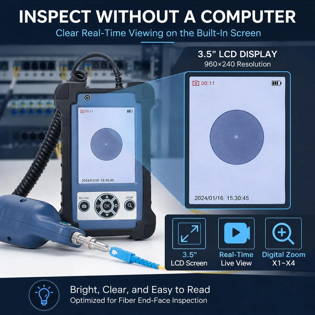 Microscopio per Fibra Ottica 400X con LCD e 6 puntali Inclusi