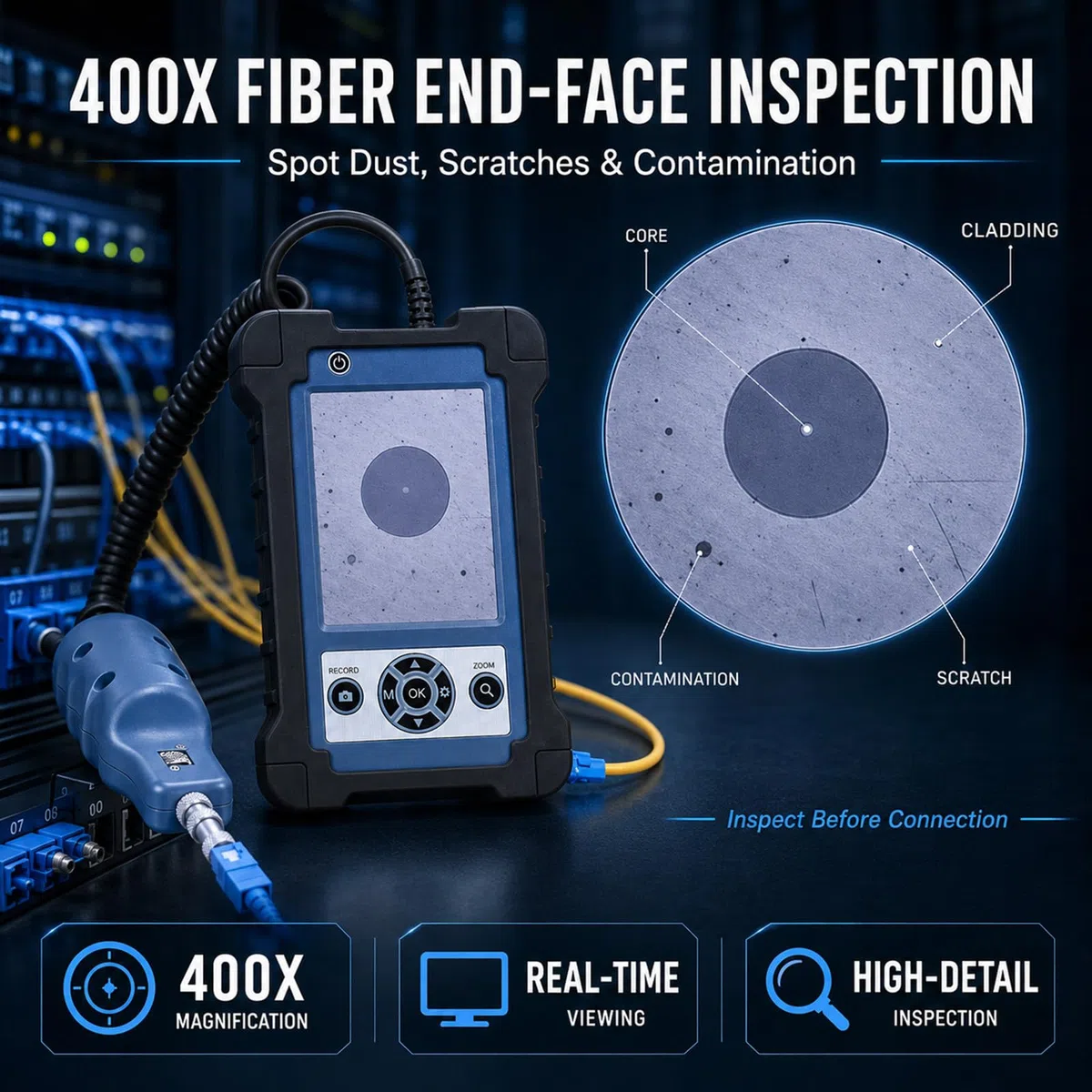 Microscopio per Fibra Ottica 400X con LCD e 6 puntali Inclusi