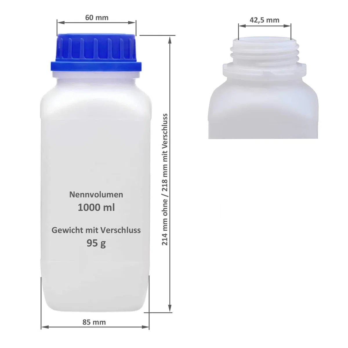 Bottiglia da 1000 ml a bocca larga con tappo a vite resistente alle sostanze chimiche; qualità da laboratorio; circa per merci pericolose (22433)