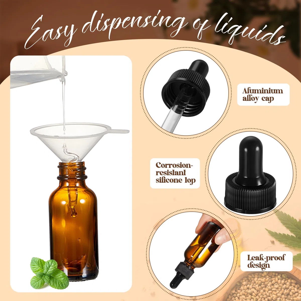 Lallisa Confezione da 100 flaconi contagocce in vetro per oli essenziali, con dispenser contagocce, con 5 imbuti, 5 pipette da 3 ml, 100 etichette per oli essenziali e profumi (ambra, 30 ml, 1 oz)