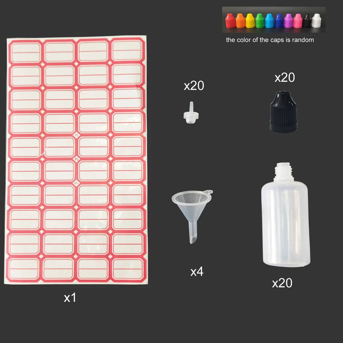 XIAONAN Confezione da 20 bottiglie vuote in plastica LDPE da 30 ml (bottiglie + tappi di colore misto + punte + imbuto + etichetta)