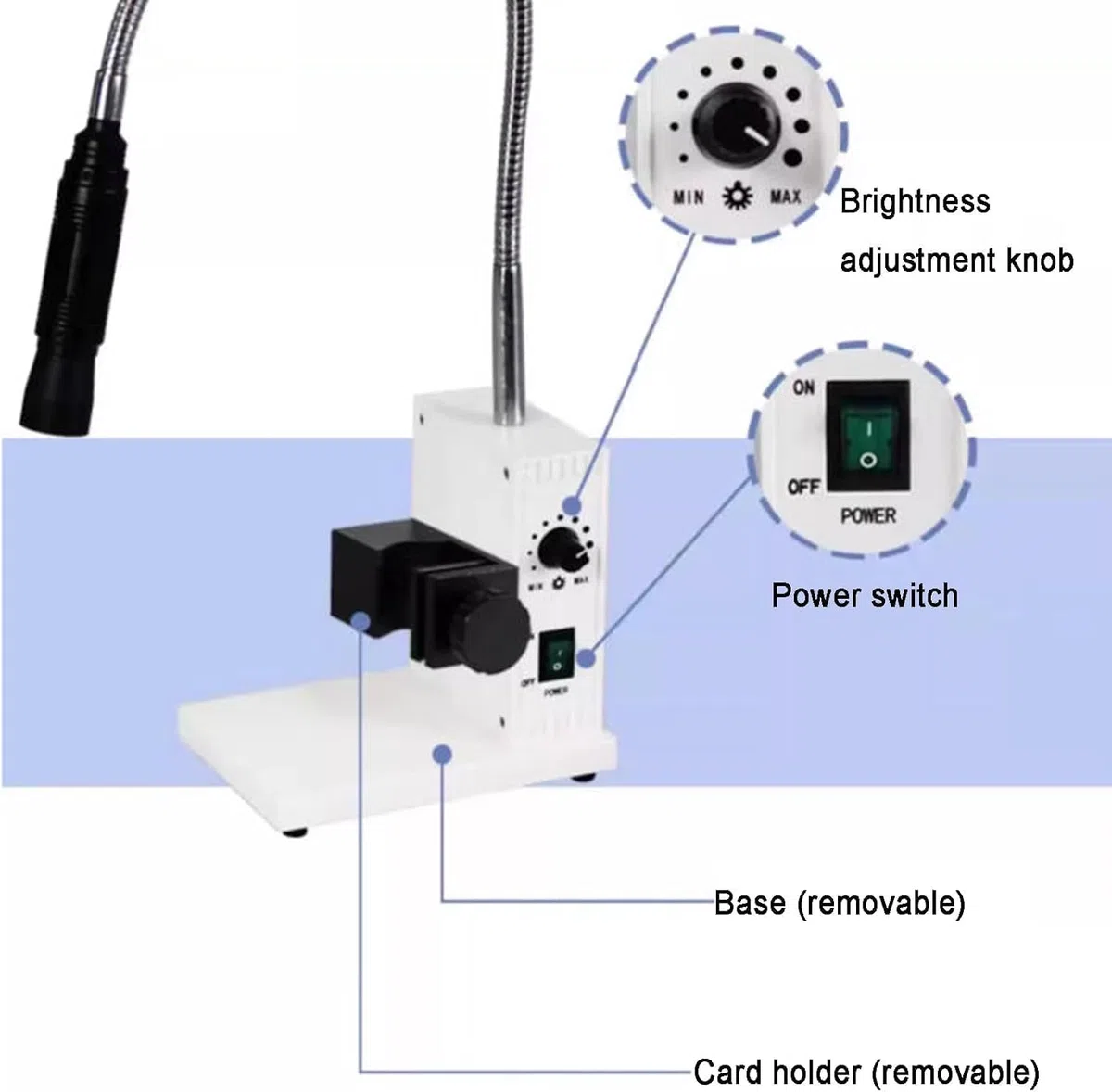Luce LED per microscopio a fibra ottica, collo d'oca regolabile con controllo della luminosità e dell'apertura, include adattatori per lenti per una migliore visualizzazione