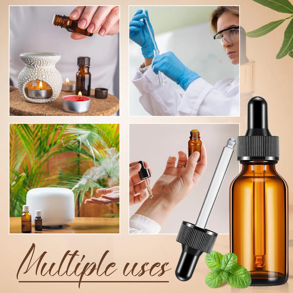Lallisa Confezione da 100 flaconi contagocce in vetro per oli essenziali, con dispenser contagocce, con 5 imbuti, 5 pipette da 3 ml, 100 etichette per oli essenziali e profumi (ambra, 30 ml, 1 oz)
