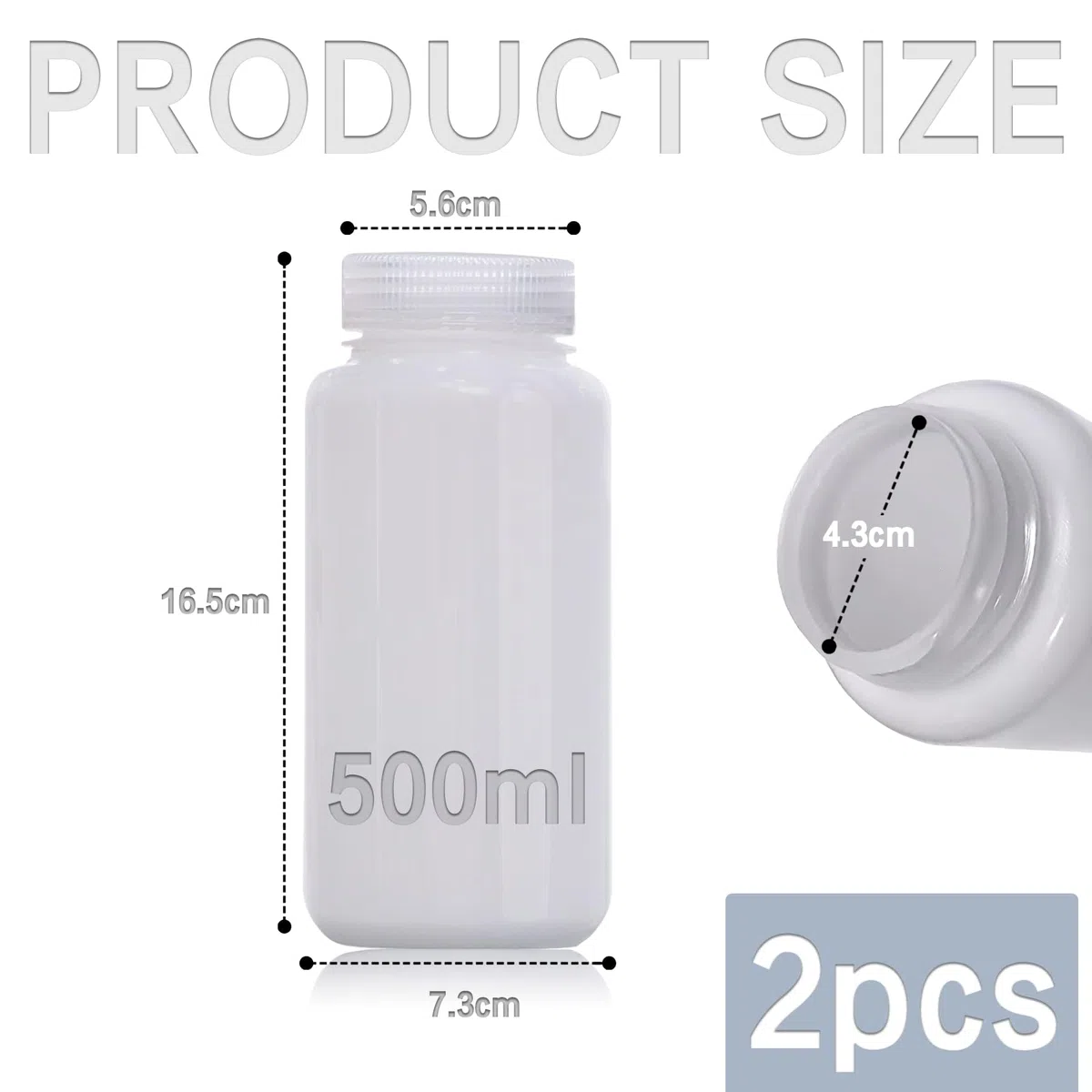 DKBT 2 flaconi di plastica a collo largo, 500 ml, vuoti da laboratorio, a prova di perdite, traslucidi, in HDPE con ampia apertura per pillole, bottiglie di campioni d'acqua