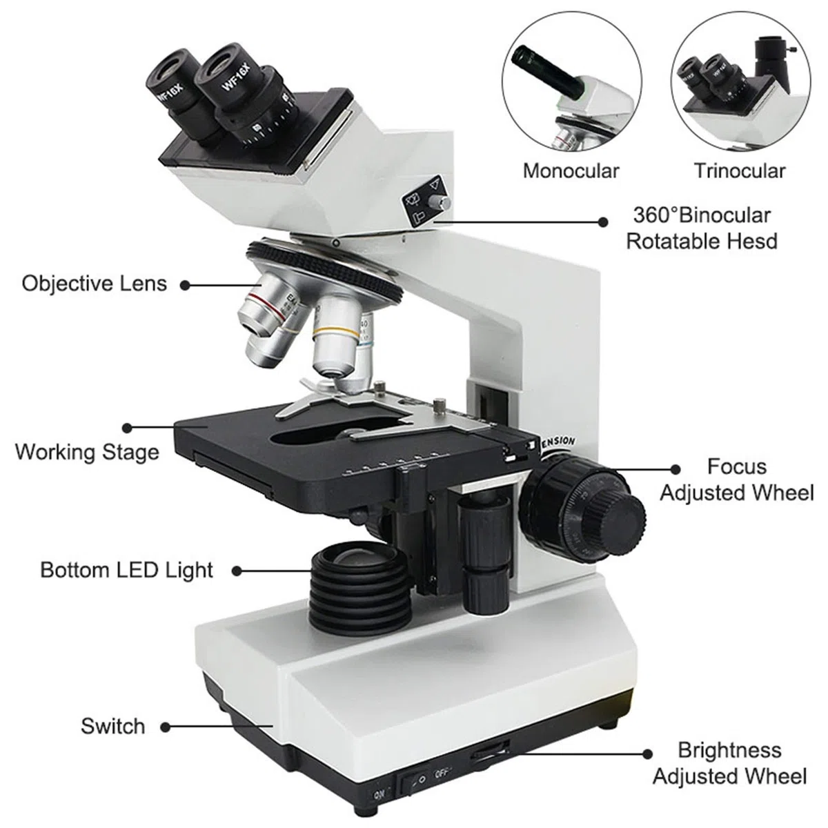 Microscopio biologico, LED 1600X Binoculare trinoculare f/Laboratorio Osservazione della ricerca biologica(Trinocular)