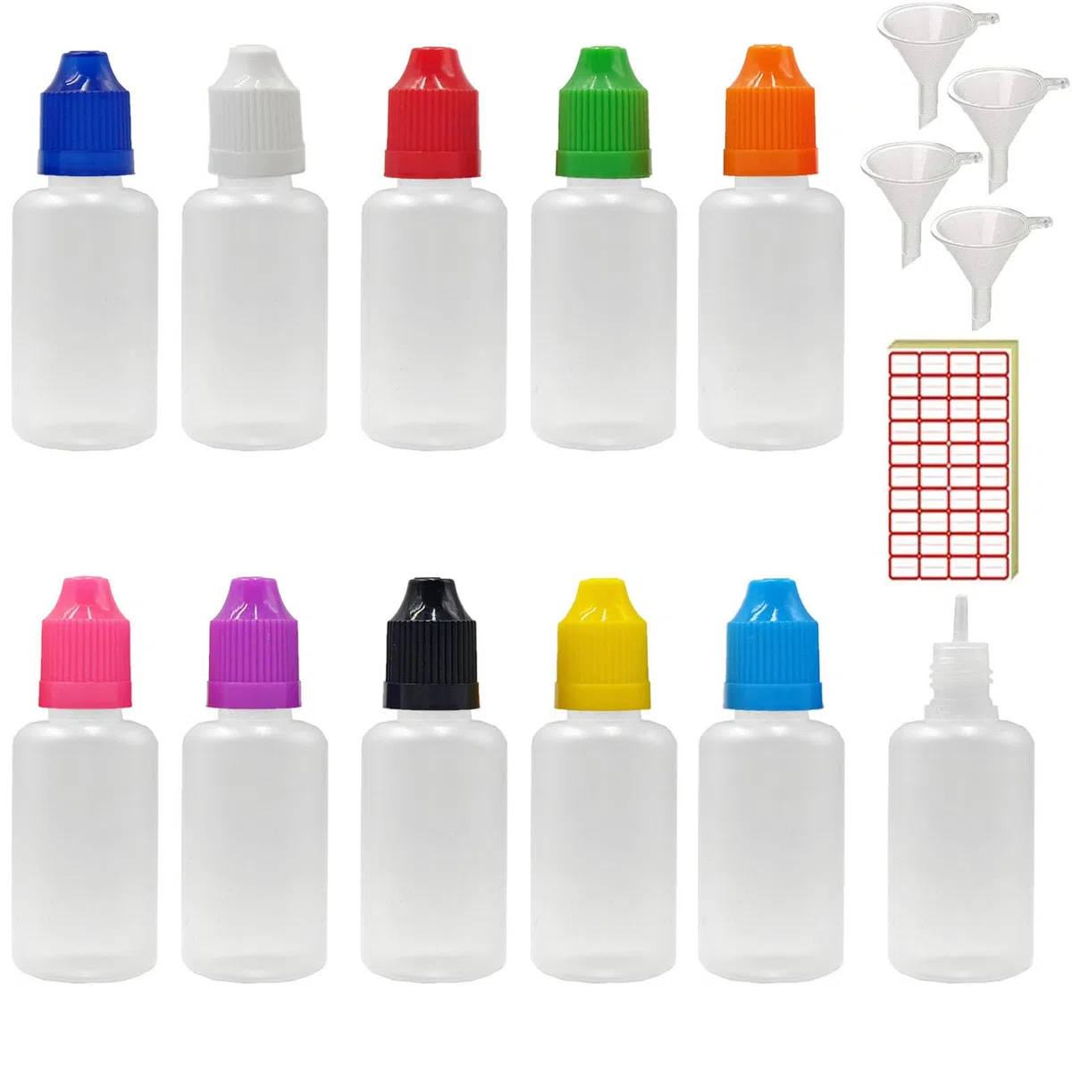 XIAONAN Confezione da 20 bottiglie vuote in plastica LDPE da 30 ml (bottiglie + tappi di colore misto + punte + imbuto + etichetta)